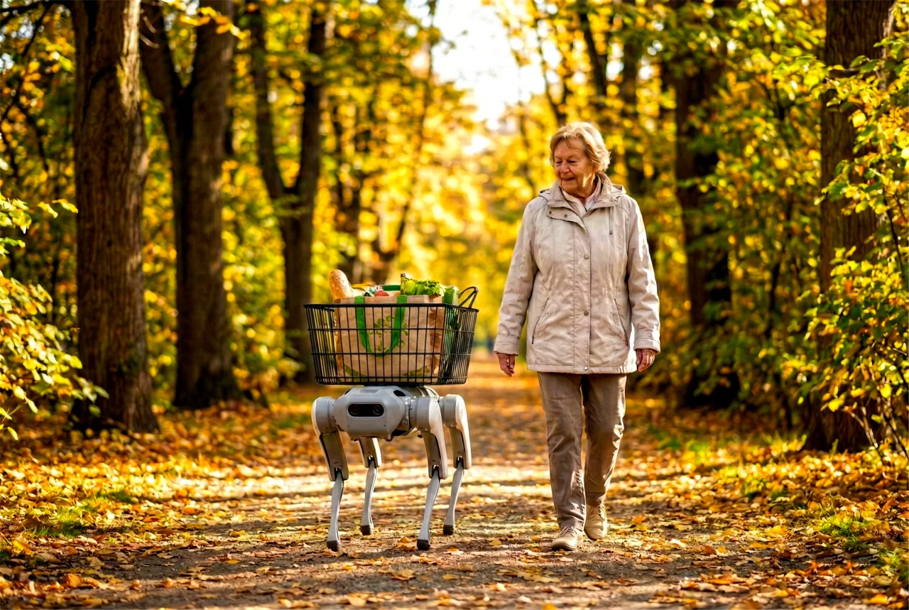 Roboterhund begleitet Seniorin beim Spaziergang